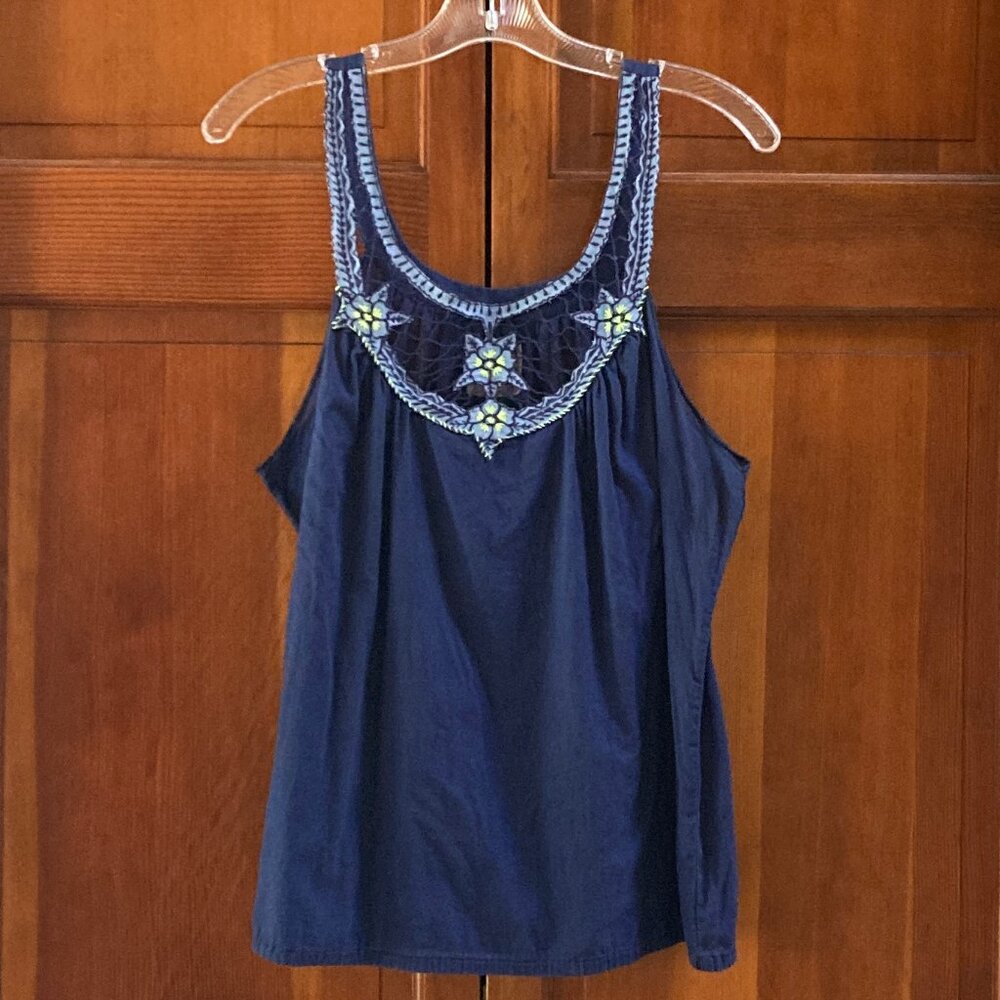 Free People Blue Tank Top Embroidered Green and Light BLue Flowers - Size Large